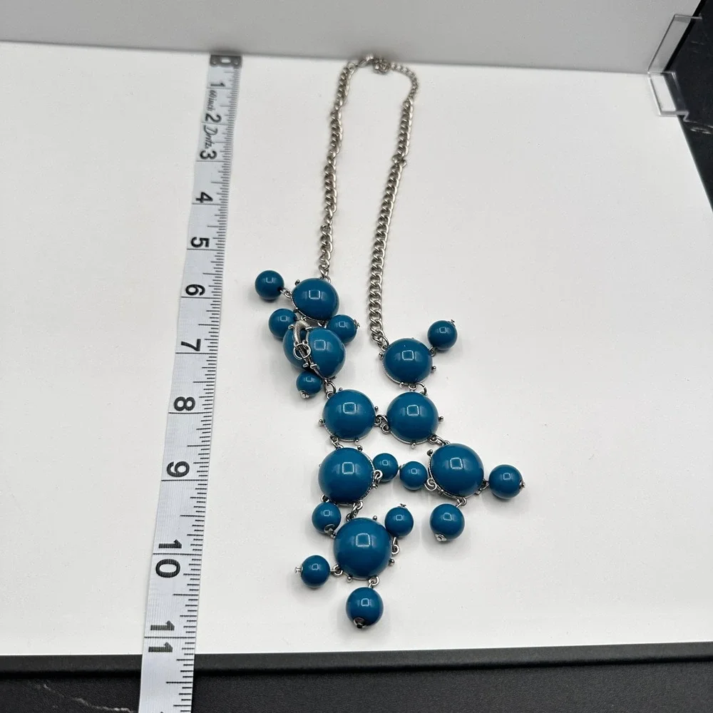 Vintage Y2K Blue Cabochon Beaded Bib Necklace Silver Tone Boho Jewelry